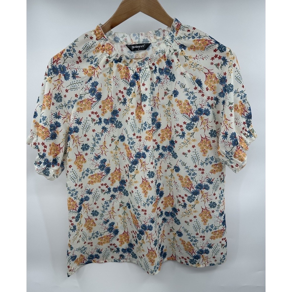 Allegra K‎ Top Women's Large Floral Short Sleeve Ruffles Spring Cottage Sheer